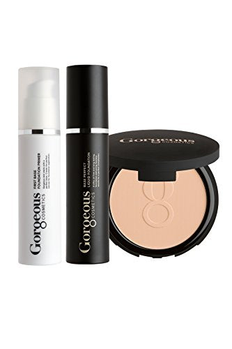 Gorgeous Cosmetics Complexion Perfection Foundation Makeup Kit, with Full Size Liquid Foundation, Powder Foundation and Makeup Primer, Shade - Skin Tone Light