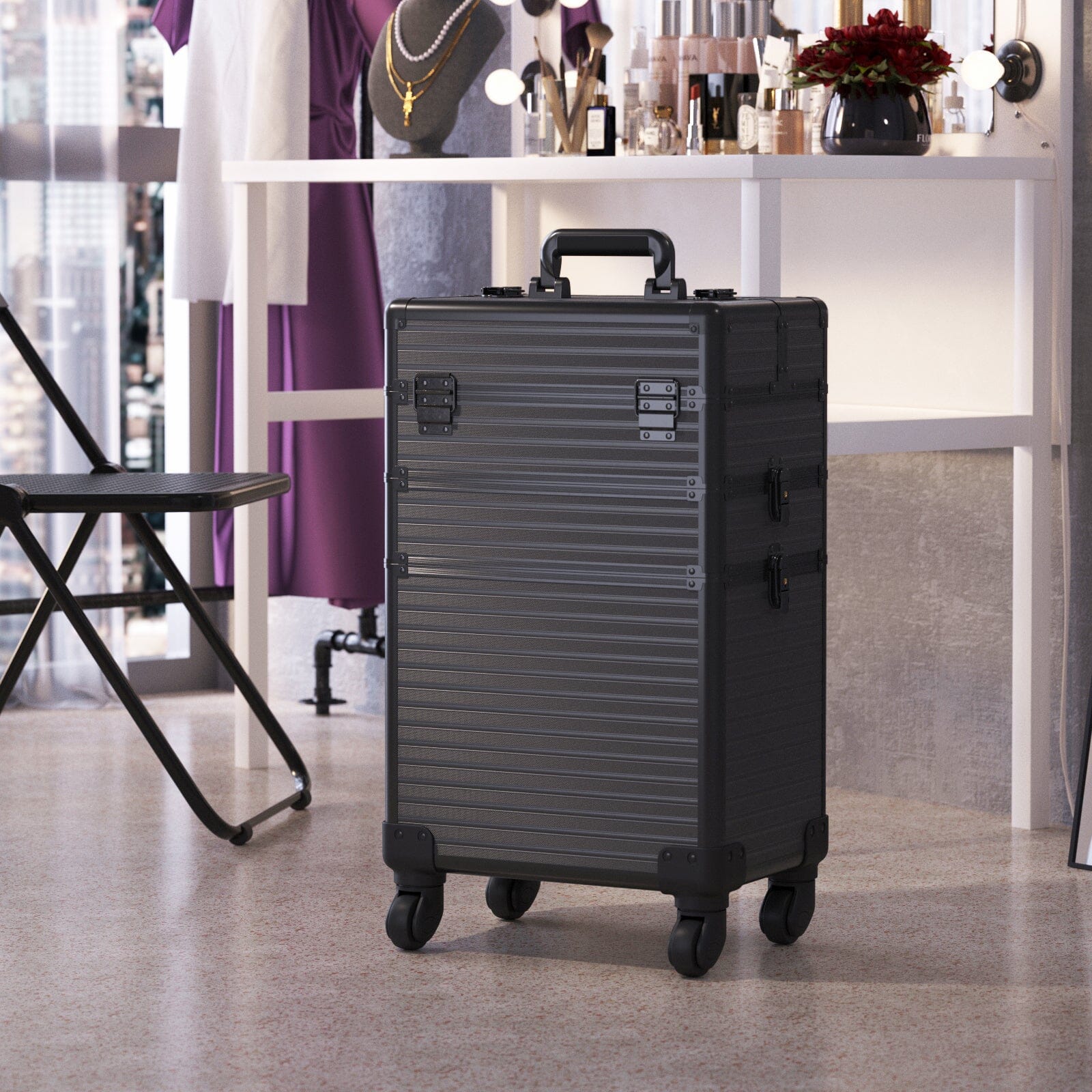 3 in 1 Rose Gold/Black Portable Cosmetic Travel Case with Wheels Makeup Organizers Living and Home Black