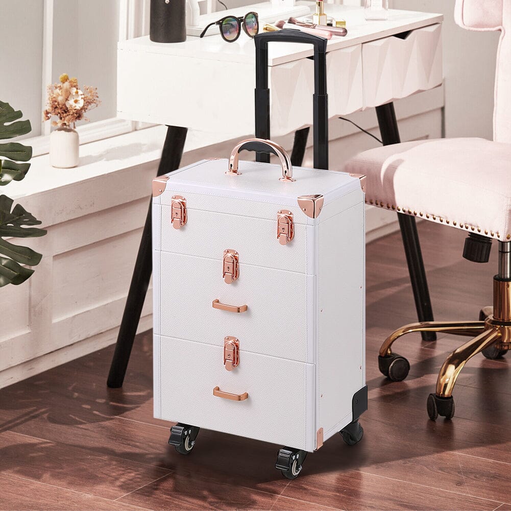 White/Green 3 in 1 Professional Cosmetic Trolley Case Makeup Box on Wheels Makeup Organizers Living and Home White