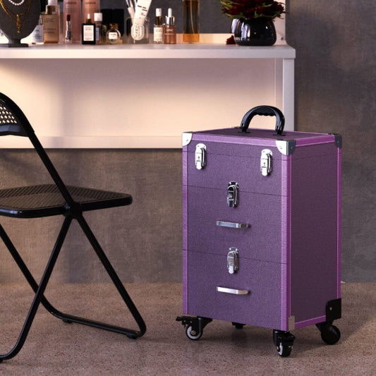 2 Drawers Portable Lockable Cosmetic Makeup Travel Case Black/Purple Makeup Organizers Living and Home Purple