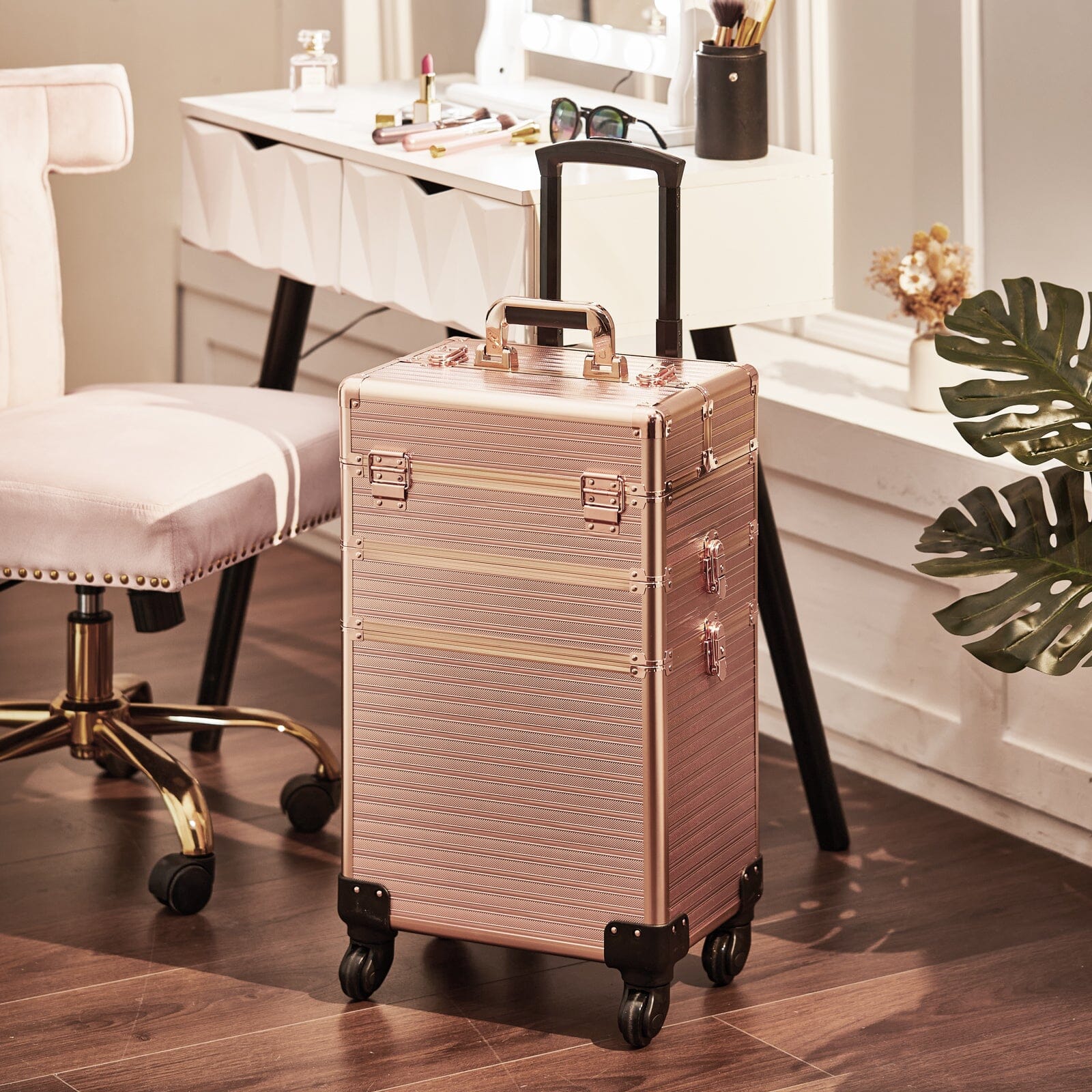 3 in 1 Rose Gold/Black Portable Cosmetic Travel Case with Wheels Makeup Organizers Living and Home Rose Gold